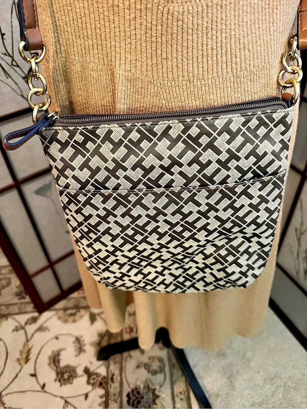 Tommy Hilfiger Monogram Crossbody Bag in Brown & White
